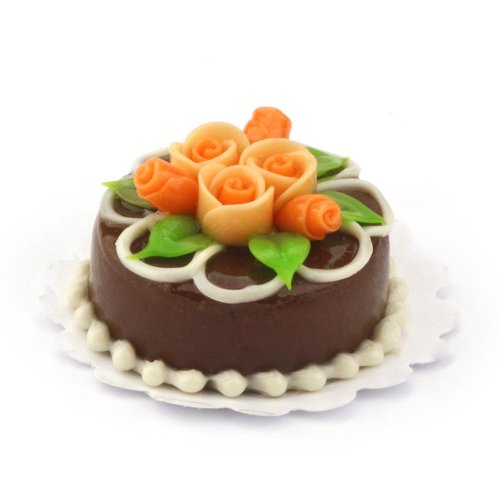 MyTinyWorld Dolls House Miniature Small Round Chocolate Cake With Roses