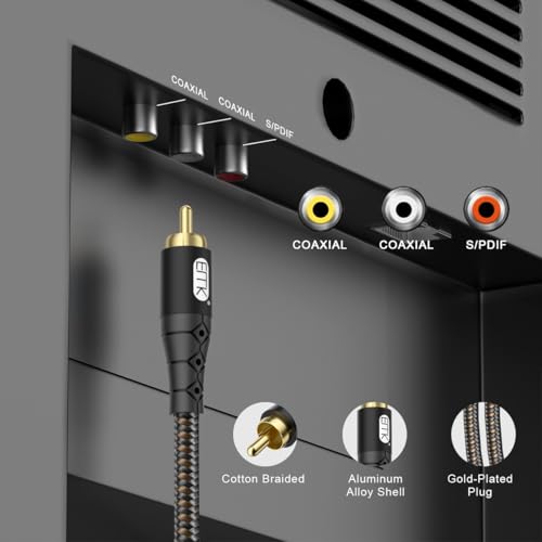 Image of EMK RCA to RCA Subwoofer Cable - 24K Gold-Plated Connector Nylon Braided Double Shielded Audio Cable Digital&Analog Signal Support for Amplifiers Subwoofer Home Theater Hi-Fi Systems Black /25ft /8m