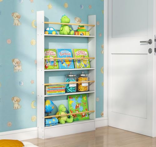 Image of 4 Tier Behind The Door Bookshelf, Space Saving Behind The Door Bookcase Wooden Kids Book Shelf for Bedroom Living Room Study White (120 * 70cm)