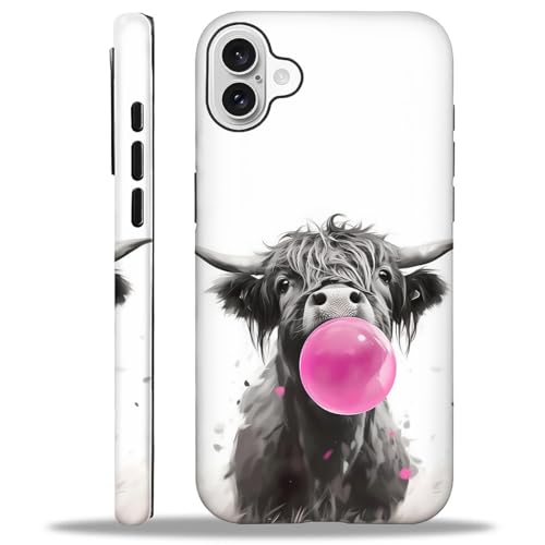 Coque iPhone 16 Plus vache Highlands bulle rose idée cadeau