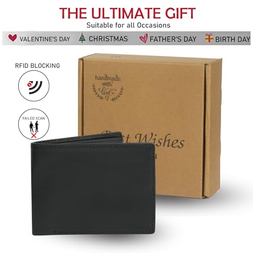 Image of Men's Black Leather Bifold Wallet RFID Blocking Front Pocket Security Passcase Cowhide Durable Extra Capacity Billfold 6 Credit Cards with Flip-out ID Window Classic Handmade Gift For Him VINAM-B-01