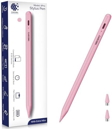 Stylus Pen for iPad with Palm Rejection & Extra Nibs Precise Active Pencil Compatible with iPad Pro Air Mini Fast Boot Long Battery Magnetic Design Stylus Pen With USB-C Charging Cable (Pink)