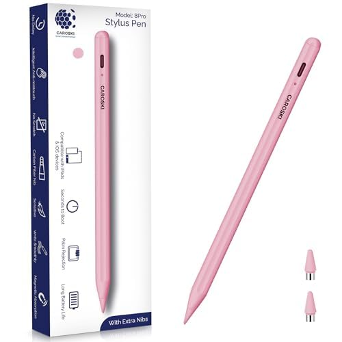 Stylus Pen for iPad with Palm Rejection & Extra Nibs Precise Active Pencil Compatible with iPad Pro Air Mini Fast Boot Long Battery Magnetic Design Stylus Pen With USB-C Charging Cable (Pink)