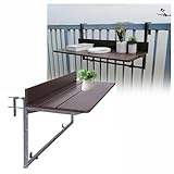 Verstellbarer klappbarer Balkontisch für Geländer - Platzsparender Outdoor Deck Hängetisch - Tragbarer Terrassen- & Gartentisch - Faltbarer Bartisch in Braun