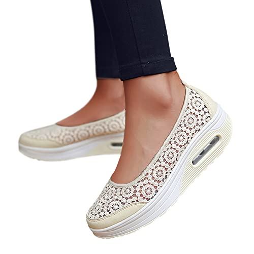 Sapatos de caminhada femininos sem cadarço com flor de renda sem salto plataforma plataforma confort