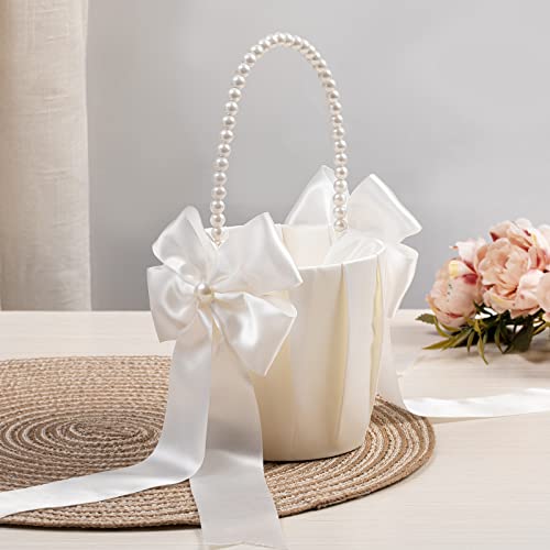 Flower Girl Baskets For Wedding,Ivory Flower Girl Basket Set Of 2,Wedding Baskets For Flower Girls (Ivory Pearl Handle Baskets 2Pcs) #TOP3