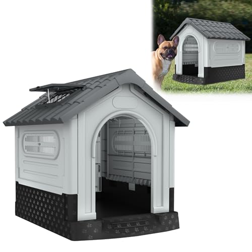 YARDIN Hundehütte aus Kunststoff mit Erhöhtem Boden, Dachfenster und Belüftung 79.5×70.5×78cm Wasserdicht und Isoliert Haustierhaus Plastik Haustierhütte für Innen- und Außenbereich, Grau und Weiß YARDIN Hundehütte aus Kunststoff mit Erhöhtem Boden, Dachfenster und Belüftung 79.5×70.5×78cm Wasserdicht und Isoliert Haustierhaus Plastik Haustierhütte für Innen- und Außenbereich, Grau und Weiß