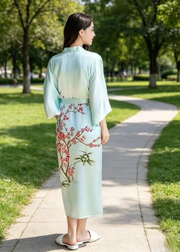 Image of Women's Classic 100% Silk Kimono Robe, Bathrobe-Printed Pattern