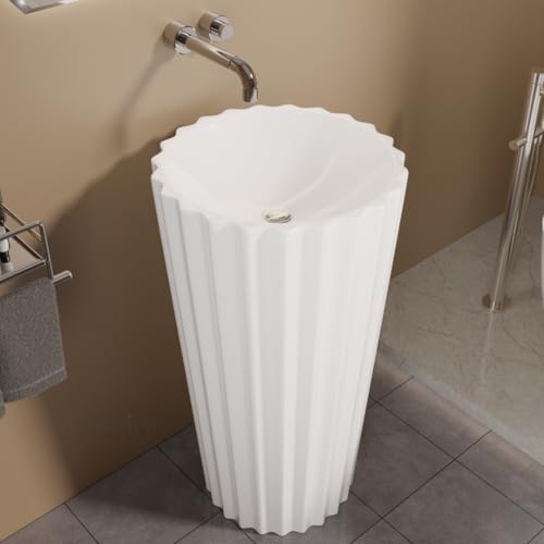 Image of BASSINO 19x19x34 Inches Ceramic Pedestal Wash Basin /7 Years Warranty /One Piece Free Standing Basin For Bathroom /Living Room /Salons /Round Modern Sink For Hotel /Floor Mounted Washbasin(White Glossy)