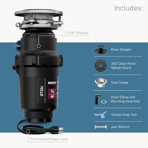 Image of Moen GT33C Lite Series 1 /3 Horsepower Continous Feed Garbage Disposal featuring Fast Track Technology, Power Cord Included