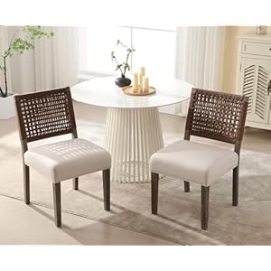 Kmax modern farmhouse dining chairs set of 2 rustic kitchen chairs with linen fabric seat and woven backrest vintage accent chairs for living room dining room bedroom beige  urban country home decor