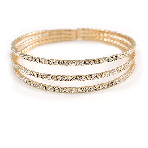 Bracelet manchette ajustable a 3 rangees de cristaux eclatants et dore