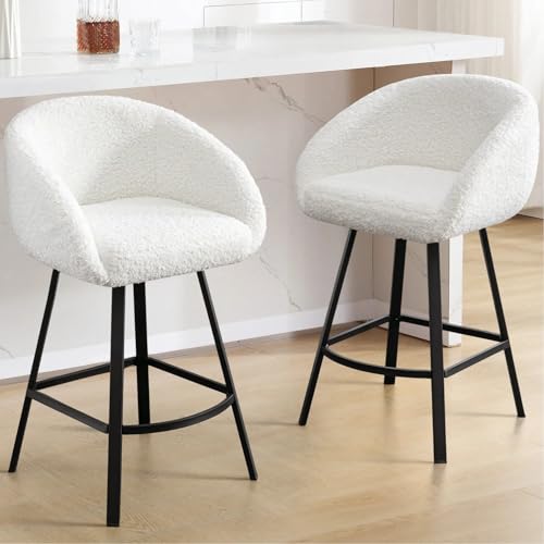Image of Zesthouse Swivel Counter Stools Set of 2, 26 inch Modern Bar Stools for Kitchen | Barrel barstools with backs & arms, upholstered black sherpa fabric, metal stool chairs for kitchen island, easy to install
