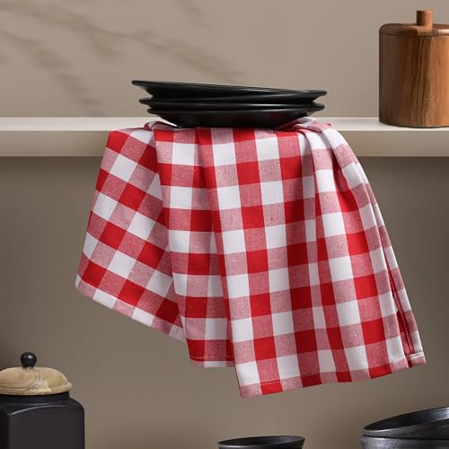 Image of 4 Pack Gingham Buffalo Check Kitchen Dish Towels 100% Cotton 16x26 Inches - Super Absorbent Quick Drying Hand Tea Towels, Restaurant Cleaning Towels with Hanging Loop, Red White