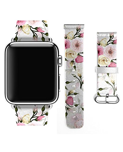 Apple Watch Band, Premium Leather Strap Wrist Band Replacement - Apple Watch 38mm Models Romantic Pink and Red Roses