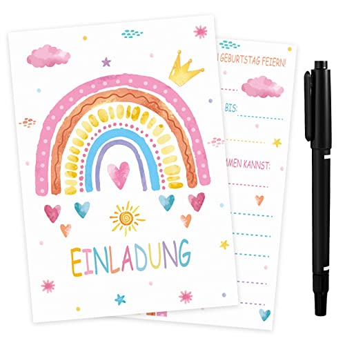 Tenare 20 Sets Einladungskarten Kindergeburtstag inklusive 20 Stück Bunt Regenbogen Geburtstagseinladungen 20 Stück Weiß Umschläge mit Marker Stift für Kinder Erwachsene Geburtstag Partyeinladung