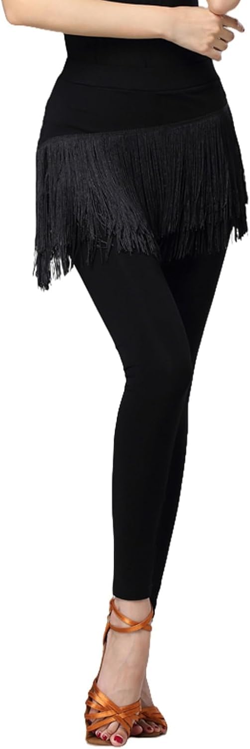 Damskie Spodnie Do Tańca Latynoskiego Ze Spódnicami Z Frędzlami Spodnie Balowe Tassel Tango Salsa Spodnie Do ćwiczeń Tanecznych, Black, XXL