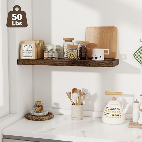 Image of Fun Memories Deep Floating Shelves, 32W x 12D Rustic Brown Wall Shelves, 32 Long Rustic Wood Wide Storage Shelves for Bedroom, Kitchen, Farmhouse, Laundry Room, Bedroom, Kitchen, Home Office- Set of 2