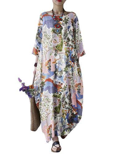 Image of Celmia Autumn Solid Loose Long Maxi Dress Cotton Caftan