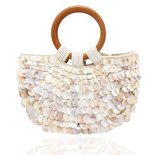 Miuco Shell Purse For Women Handmade Seashell Beaded Clutch Beach Wooden