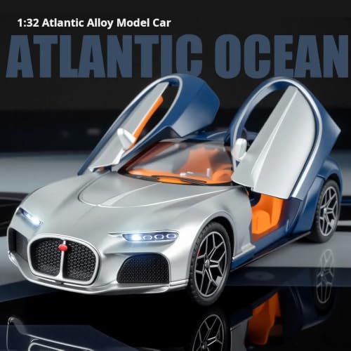 Image of 1:32 Scale Bugatti Atlantic Alloy Pickup Car Toy Metal Pull Back Diecast Car with Openable Door and Sound Light, Gifts Toys for Kids【Blue /Silver】