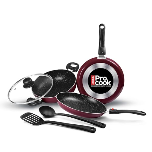 Milton Pro Cook Kitchen Pride Non-Stick Cookware Set of 5 | Includes Nonstick Tawa, Frying Pan, Kadhai with Lid, Nylon Laddle & Spatula | Non-Inductio