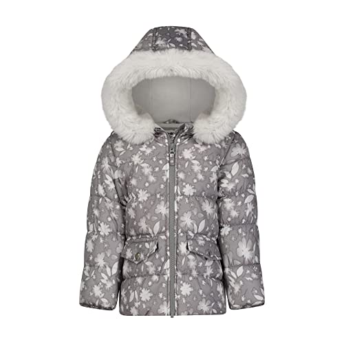 OshKosh B’gosh baby-girls Hooded Winter Puffer Jacket With Faux Fir Trim, Gray With Allover Floral Pattern and Snowbib2
