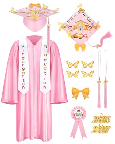 Meland Kindergarten Graduation Cap and Gown Pink Preschool Graduation Cap and Gown for Girls with 2026 & 2027 Tassels Sash DIY Set Badge for Kids Toddlers