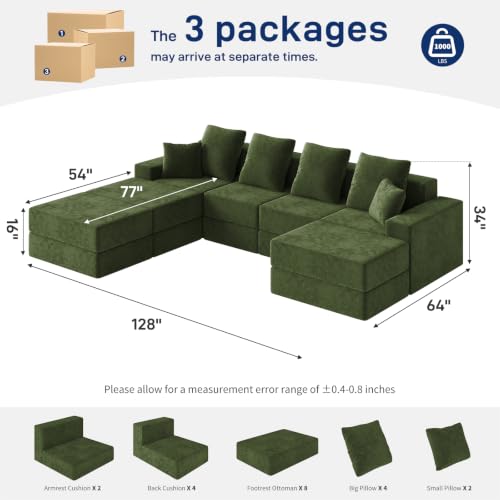 Image of Living&Giving 128 inch U-Shaped Cloud Sectional Couch for Living Room, Cloud Boneless Couch-No Assembly with Reversible Chaise, Customizable 4-Seat Modular Sectional Sofa with 3 Ottoman, Green
