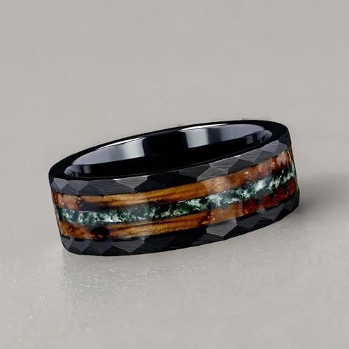 Men's Wedding Ring 8mm Black Hammered Tungsten Green Moss Agate & Charred Whiskey Barrel Wood Inlay – Comfort Fit Mens Wedding Band with Antique Wooden Ring Box3