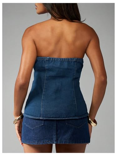MakeMeChic Women's Strapless Denim Vest Metal Button Down Split Cowgirl Tube Tops2