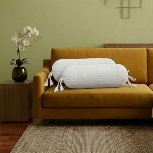 Image of SAJAVAT HOME Cotton Waffle Bolster Cover Pack of 1 | Textured Side Pillow Cover for Sofa, Bed & Diwan | Soft Breathable Round Cushion Cover | White