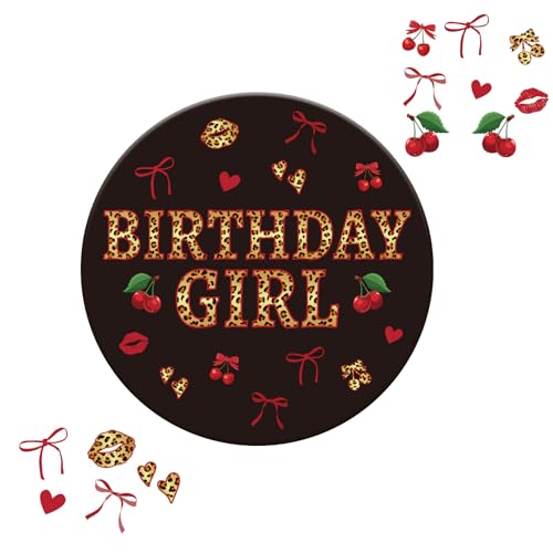 Birthday Girl Cheetah Pin 2.28 Leopard Print Happy Birthday Badge Button Red and Black Party Brooch Cherry Birthday Decorations Gifts for Women Adults