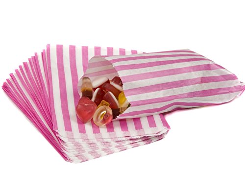 100 - Striped Candy Paper Bags for Sweet Flavor Buffet Wedding Cake Gift Shop (5'' X 7'') (Pink, Qty: 100 Bags)