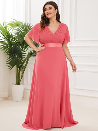 Image of Ever-Pretty Women's Chiffon Formal Evening Dresses for Curvy Women V-Neck Plus Size Floor Length Bridesmaid Dress Coral 24