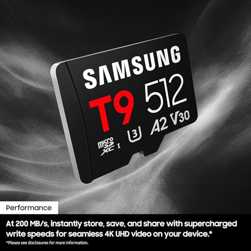 Image of Samsung T9 microSDXC, 512 GB, 200 MB /s Read, 130 MB /s Write, Memory Card for Avid Gamers & Professional Creators, Compatible with Smartphone, Action Camera, Drone & Gaming Console (MB-MH512T /WW)