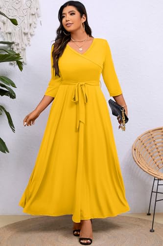 Image of Runwind Plus Size Dress for Women - 3 /4 Sleeve V Neck Maxi Dresses for Women (XL-6XL)