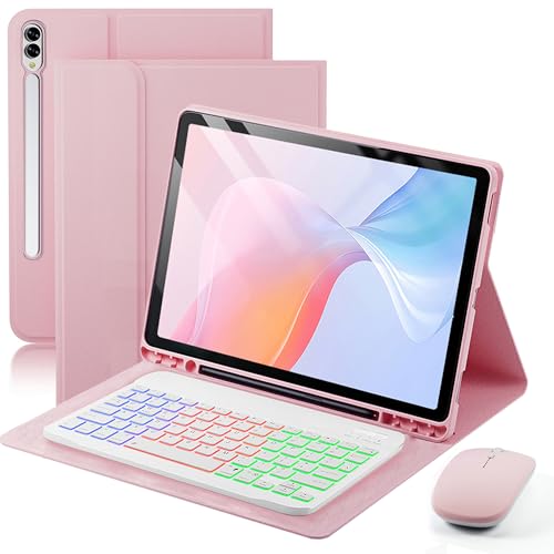 Case Keyboard for Samsung Galaxy Tab S11 Ultra / S10 Ultra / S9 Ultra / S8 Ultra 14.6 inch Cover - 7 Color Rainbow Change Backlit Detachable Magnetic Keyboard with S Pen Holder with Mouse - Pink