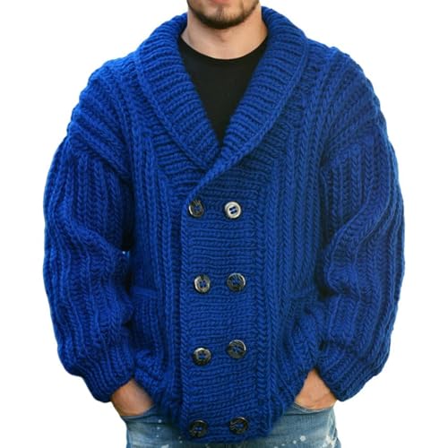 Men's Cable Knit Cardigan Sweater Shawl Collar Double Breasted Long Sleeve Solid Fall Sweaters