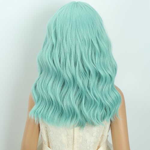 Image of Adult Mint Green Wig Women Short Green Wavy Curly Wigs Adult Wig with Air Bangs Synthetic Cosplay Hair Wigs