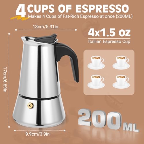 Image of Moka Pot, 4 Cups (7.1 oz) Stovetop Espresso Maker, 304 Stainless Steel Moka Pot, Induction Compatible, Silver