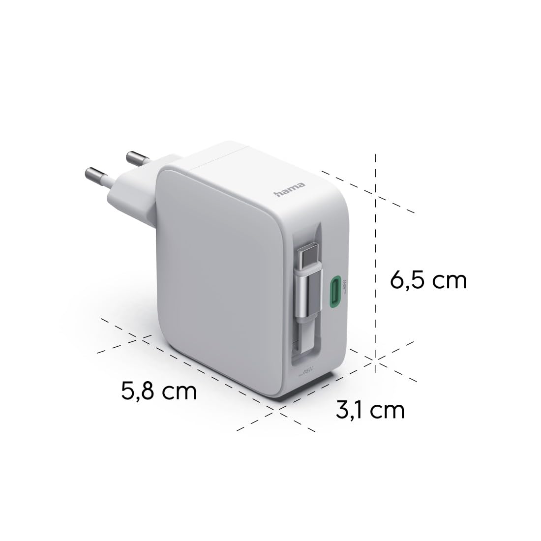 Hama | Caricatore 2 USB C 65 W GAN (230 V, Power Delivery, cavo estensibile, Qualcomm Quick Charge, Dual, Compatto, retrattile) Colore Bianco