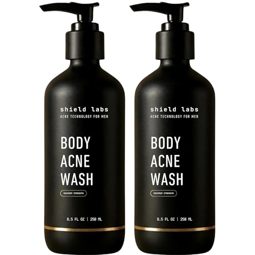 Shield Body Acne Wash for Back Chest & Shoulders - Mens 10% Benzoyl Peroxide Body Wash Clears Breakouts & Acne Scars Unscented with Niacinamide Glycolic Acid & Ceramides 8.5 oz - Pack of 2