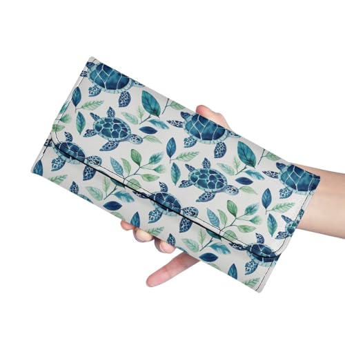 Image of AFPANQZ Womens Wallets, Leather Trifold Multi Card Holder Slots Wallet, Turtle Leaf Print Elegant Clutch Phone Holder Zip Inner Pocket Multi-Cards Slots Large Travel Wallet