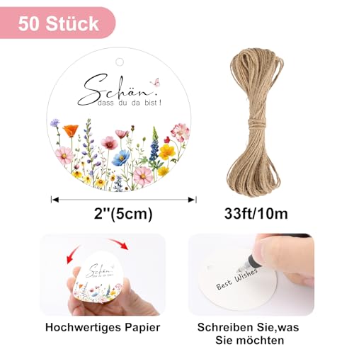 G2PLUS SCHÖN DASS DU DA BIST Geschenkanhänger: 5.5cm Round Etiketten Anhänger Tags mit 10m Schnur,für Hochzeiten und Geburtstage, 50stk