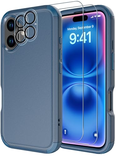 Image of Diverbox for iPhone 16 Case [Shockproof] [Dropproof] [Tempered Glass Screen Protector + Camera Protectors] Heavy Duty Protection Phone Case Cover for Apple iPhone 16 (Blue)