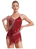 Alvivi Maillot con Flecos Gimnasia Rítmica con Pedrería Brillante Vestido de Baile Patinaje sobre Hielo Competición Body de Baile Latino Salsa para Mujer borgoña S
