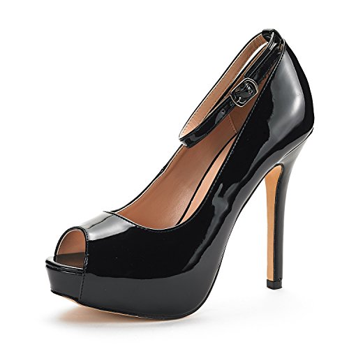 DREAM PAIRS Women's Swan-10 Black Pat High Heel Plaform Dress Pump Shoes