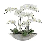 Lieferumfang: 1x Kunst-Pflanze Orchidee Schiffchen Topf silber glänzend und weiße Blüten 60cm hoch