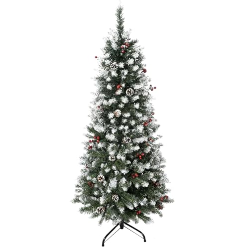 HOMCOM Albero di Natale Innevato Artificiale 150cm con Bacche Rosse e Pigne Bianche, Base Rimovibile Pieghevole, 408 Rami